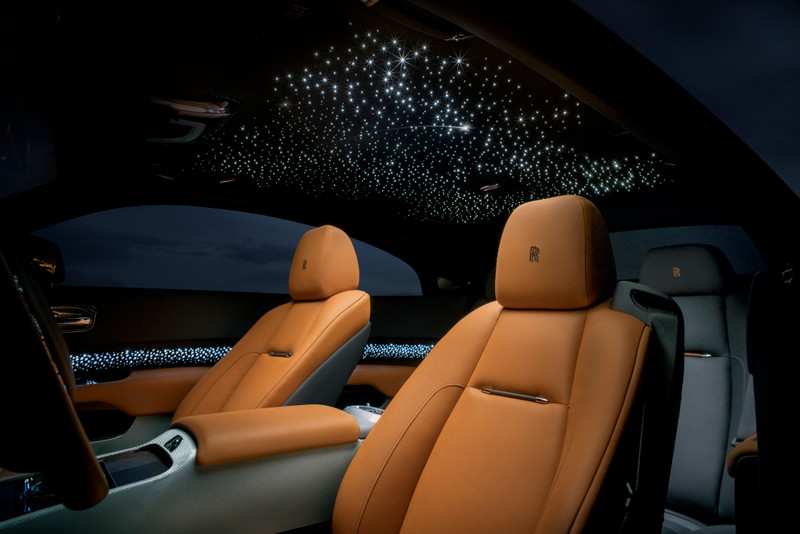 The Rolls-Royce Wraith Luminary collection, complete with shooting stars in the headliner. The Luminary collection is limited to 55 cars, and the “stars” inside come from 1,340 fiber-optic lights.